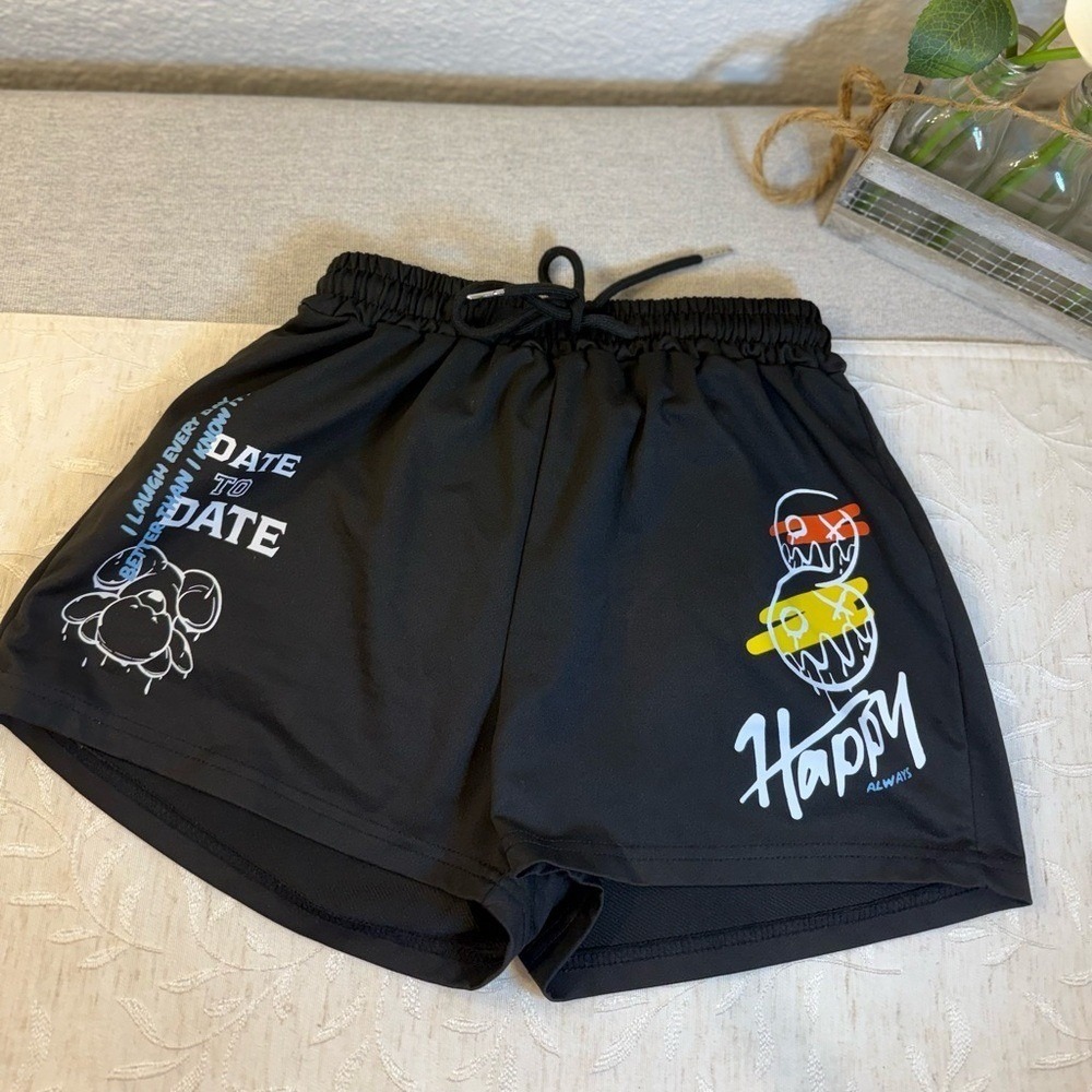 Y2K Aesthetic Drip Bear & Smiley Graphic Shorts - Black Streetwear - Size Small